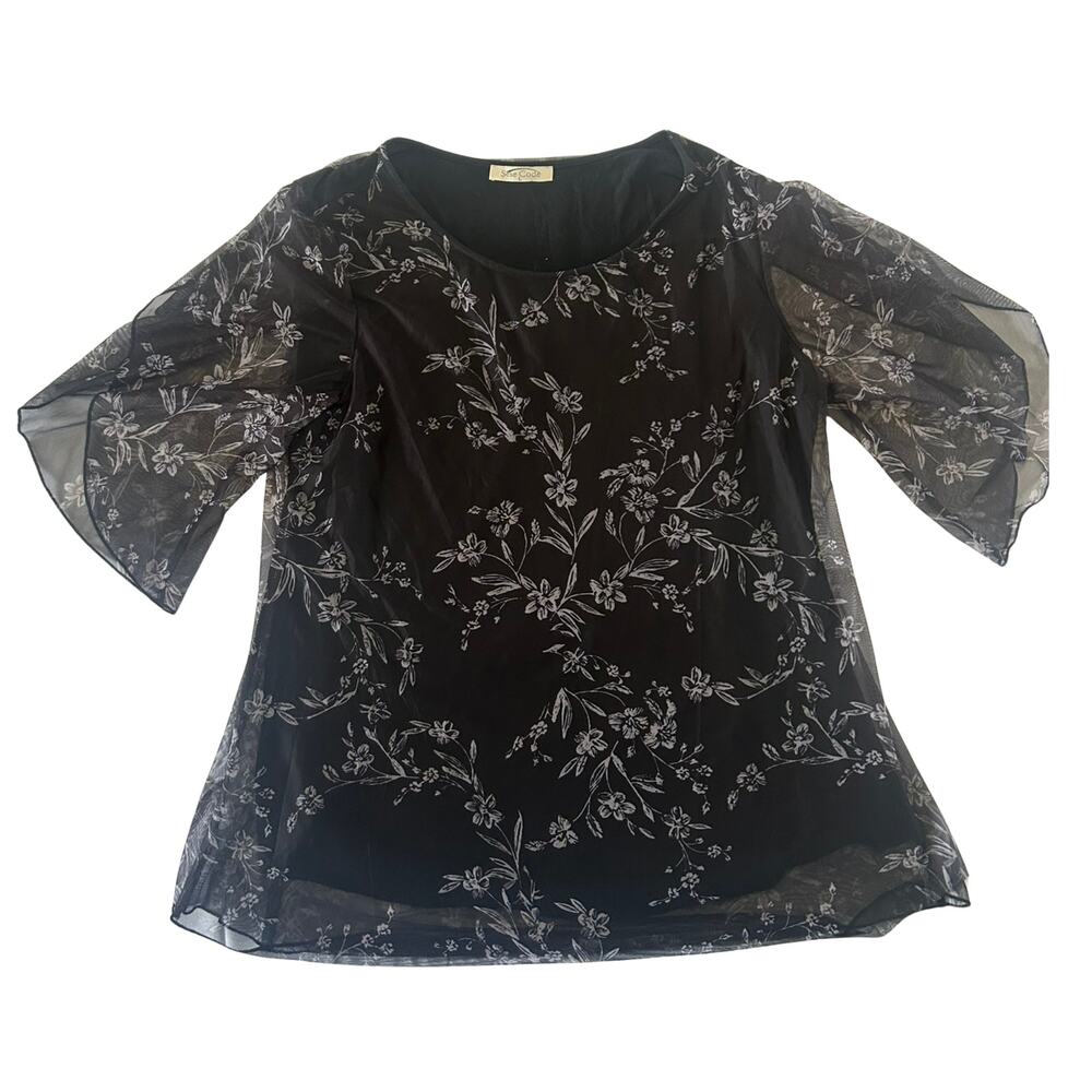 Sese Code Large Black Floral Mesh Overlay Blouse White Flowers Romantic